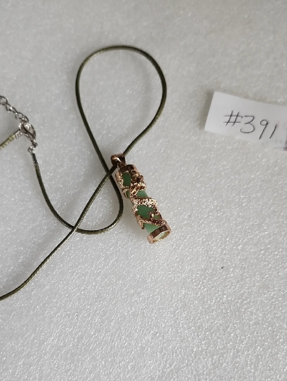 Hand Crafted Gold Dragon Pendant Necklace with Green Stone